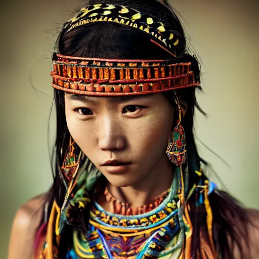 Prompt: portrait of a stunningly beautiful asian tribal female, depth of field, zeiss lens, detailed, symmetrical, centered, fashion photoshoot, by Annie Leibovitz and Steve McCurry, David Lazar, Jimmy Nelsson, Breathtaking, 8k resolution, extremely detailed, beautiful, establishing shot, artistic, hyperrealistic, beautiful face, octane render