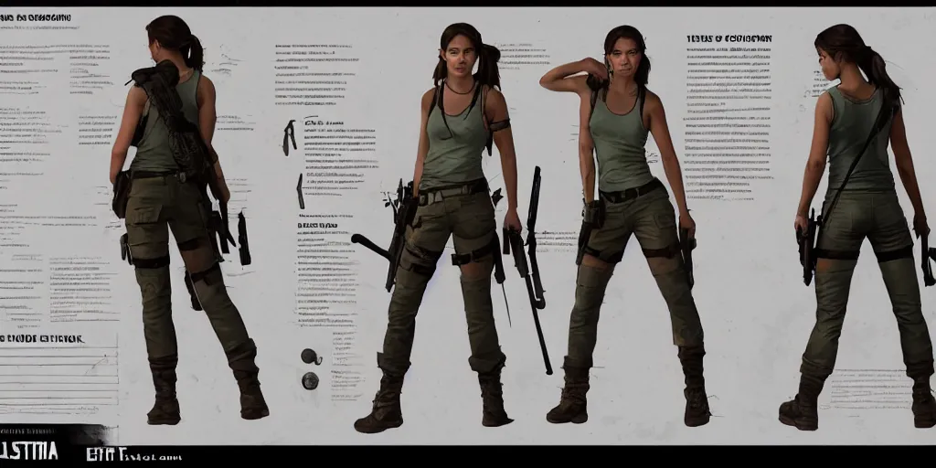 Image similar to young lara croft, character sheet, concept design, contrast, hot toys, kim jung gi, greg rutkowski, zabrocki, karlkka, jayison devadas, trending on artstation, 8 k, ultra wide angle, pincushion lens effect