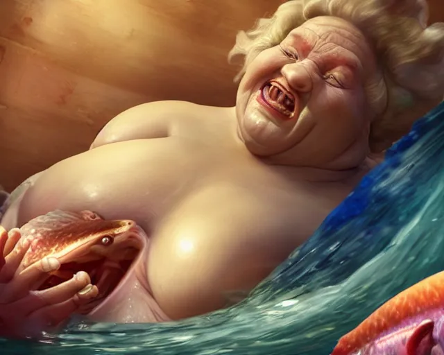 Prompt: of a very beautiful scene. ambient occlusion render. a sweet fat old woman is giving birth to a huge colorful fish. hyper realistic. 4 k. wide angle. wild. symmetrical face, red mouth, blue eyes. deep focus, lovely scene. ambient occlusion render. concept art. unreal engine.