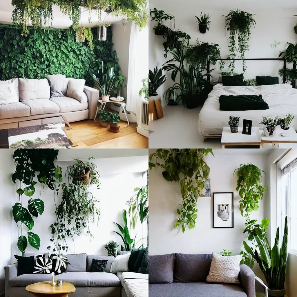 Prompt: apartment, plants on the wall, plants on the ceiling, candles, bed, table, sofa