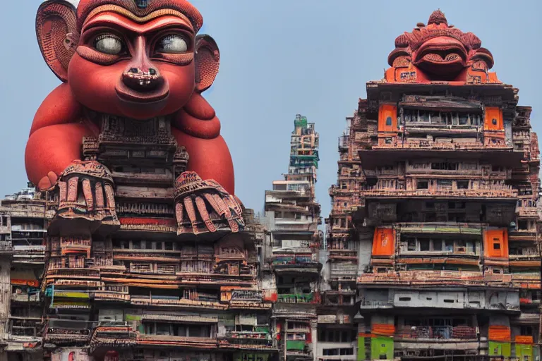 Image similar to high quality 3 d cyberpunk biomorphic hanuman head building in the middle of mumbai!!, kalighat highly detailed, cinematic smooth, stephen shore & john j. park, soft morning light, wide shot, high angle, uhd 8 k, deep focus