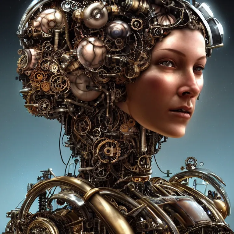 Prompt: hyperrealistic mixed media portrait of a beautiful mechanical steampunk woman, stunning 3d render inspired art by P. Craig Russell and Barry Windsor-Smith + perfect facial symmetry + dim volumetric lighting, 8k octane beautifully detailed render, post-processing, extremely hyperdetailed, intricate futuristic mechanic parts, epic composition, grim yet sparkling atmosphere, cinematic lighting + masterpiece, trending on artstation