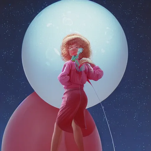 Prompt: a 3 d, hyperrealistic, octane rendered, detailed, cinematic, close up portrait of a detailed 1 9 7 6 woman with swirling hair. the woman is holding a giant balloon that looks like a glowing 3 d realistic moon with a face. a night sky filled with hot air balloons and swirling clouds by kuvshinov and bilibin, karol back