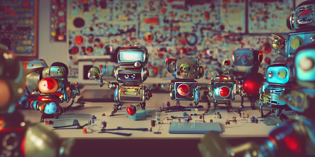 Prompt: closeup portrait of tin toy retro robots team taking computer lessons in a high tech classroom, depth of field, zeiss lens, detailed, centered, fashion photoshoot, by nicoletta ceccoli, mark ryden, lostfish, breathtaking, 8 k resolution, extremely detailed, beautiful, establishing shot, artistic, hyperrealistic, octane render