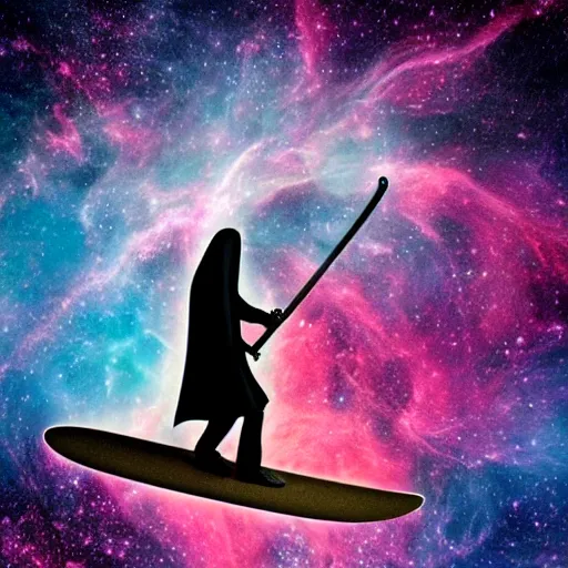 Image similar to the grim reaper holding a scythe doing skateboard tricks through a nebula, detailed, featured