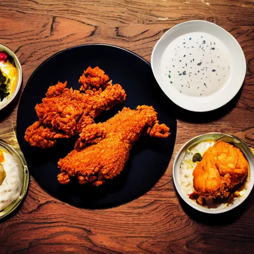 Prompt: A delicious plate of fried chicken, KFC, food photography, michelin star