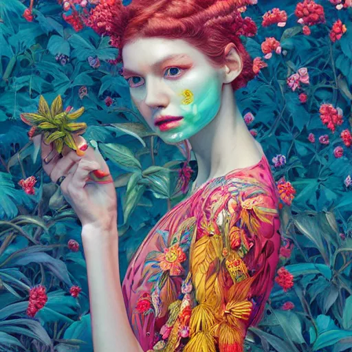 Image similar to pretty model with botanical and bright fruits : : by martine johanna and simon stalenhag and chie yoshii and casey weldon and wlop : : ornate, dynamic, particulate, rich colors, intricate, elegant, highly detailed, vogue, harper's bazaar art, fashion magazine, smooth, sharp focus, 8 k, octane render