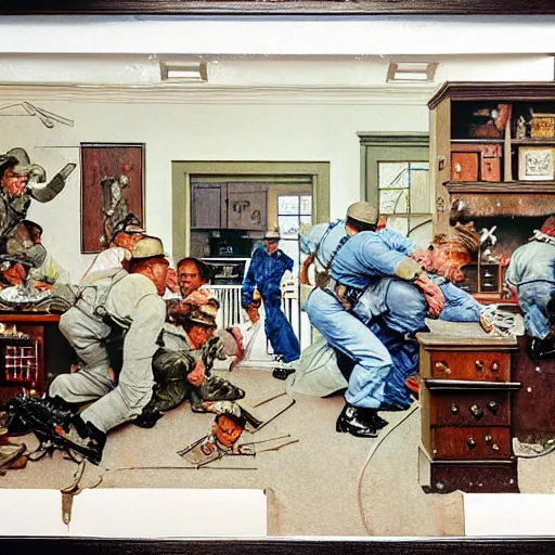 Prompt: A Norman Rockwell painting of a house being raided by a SWAT team, detailed, masterpiece