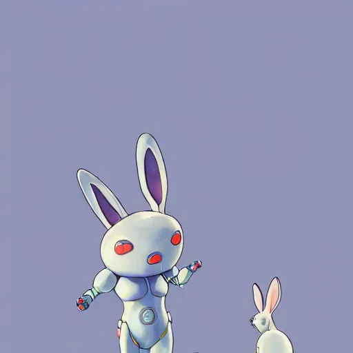Prompt: anthropomorphic rabbit robot with human characteristics in an arena, artstation, by hayao myazaki, concept art, digital art, light blue, 2 - dimensional, 2 d
