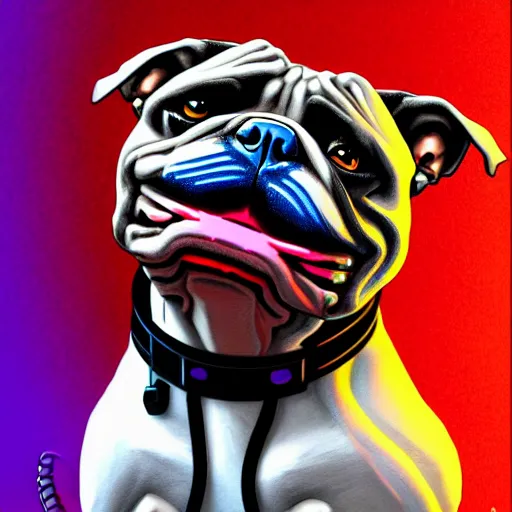 Prompt: « a comic styled painting of a cyborg bulldog sitting down, cyberpunk digital art by greg rutkowsky, illustration, colourful, sharp focus, highly detailed, future tech, sketchfab »