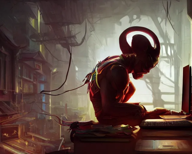 Image similar to an insanely detailed painting of a asian man wearing a superhero costume, sitting at a desk, staring at the nervously at the computer and typing, in the style of peter mohrbacher, dramatic lighting and composition, surreal background, octane render, pixar, trending on artstation, concept art, comic book, view from behind