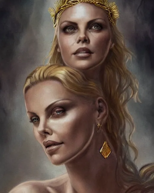 Image similar to tattoo sketch of charlize theron as aphrodite the greek goddess wearing a gold laurel wreath and triangle earrings, beautiful piercing gaze with sharp pupils, in the style of greg rutkowski, fantasy, amazing detail, epic, elegant, smooth, sharp focus, front view