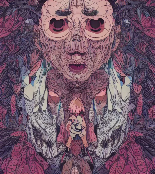 Prompt: portrait, nightmare anomalies, leaves with a hawk by miyazaki, violet and pink and white palette, illustration, kenneth blom, mental alchemy, james jean, pablo amaringo, naudline pierre, contemporary art, hyper detailed