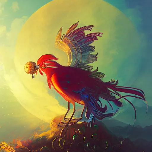 Prompt: the solarpunk phoenix, red bird, ornate egg, regeneration, landscape, epic composition, volumetric light, bokeh, inspired by peter mohrbacher and by alphonse mucha