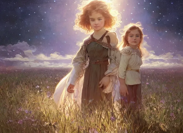 Image similar to A cute little girl with shoulder length curly brown hair and her younger brother with short blonde hair. They are standing in a field at night and the sky is filled with constellations. beautiful fantasy art by By Artgerm and Greg Rutkowski and Alphonse Mucha, trending on artstation.