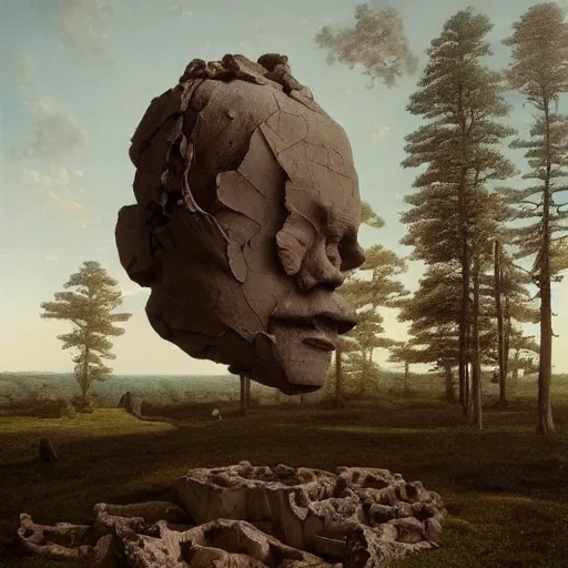 Image similar to hyperrealistic surrealism, David Friedrich, award winning masterpiece with incredible details, Zhang Kechun, a surreal vaporwave vaporwave vaporwave vaporwave vaporwave painting by Thomas Cole of a gigantic broken mannequin head sculpture in ruins, highly detailed, trending on ArtStation