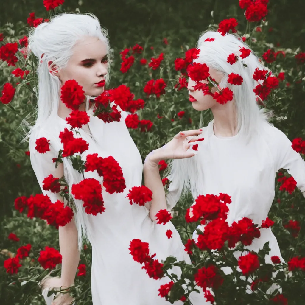 Image similar to girl with white hair in a white dress, red flowers, aesthetics, gradient