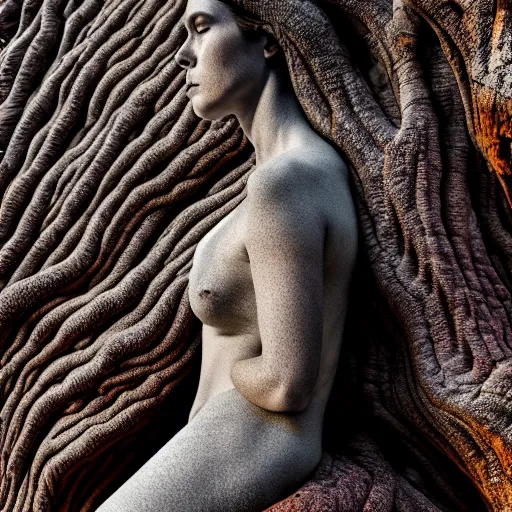 Image similar to beautiful stone woman, lava flowing, exotic trees, bare bark, dark eyes, low angle mist, high octane, frostbite, 8 k, cinematic, 3 5 mm, h 6 4 0