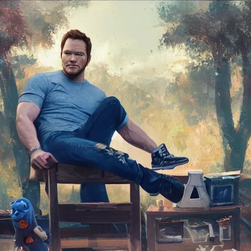 Image similar to the actor chris pratt sitting beside the doll chucky, disney land as backdrop, oil painting, by greg rutkowski