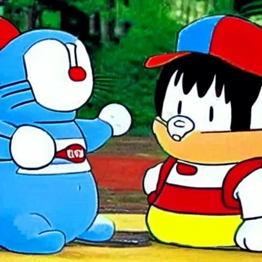 Image similar to Doraemon teaching how to disarm a gun