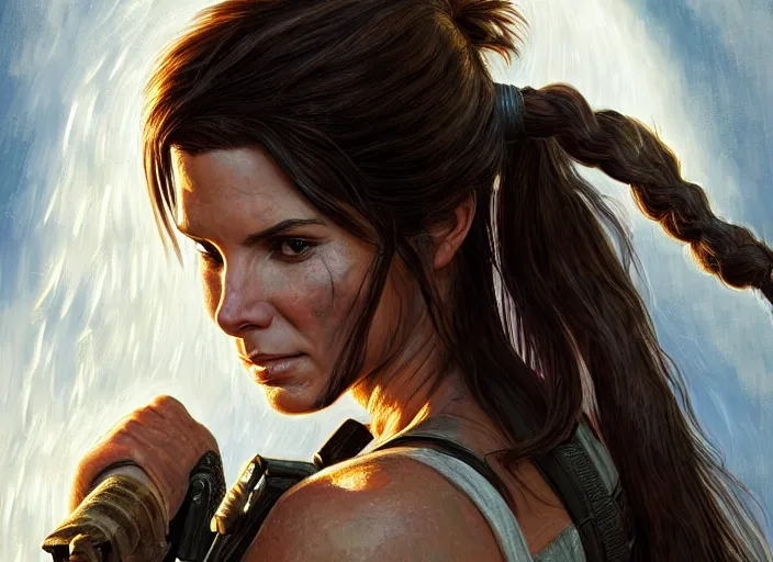 Image similar to face portrait of concentrated young Sandra Bullock as Lara Croft with pig-tails entering an incredible epic ruin, glorious sun beams, intricate, elegant, highly detailed, digital painting, short focus, illustration, Allan Lee, John Howe