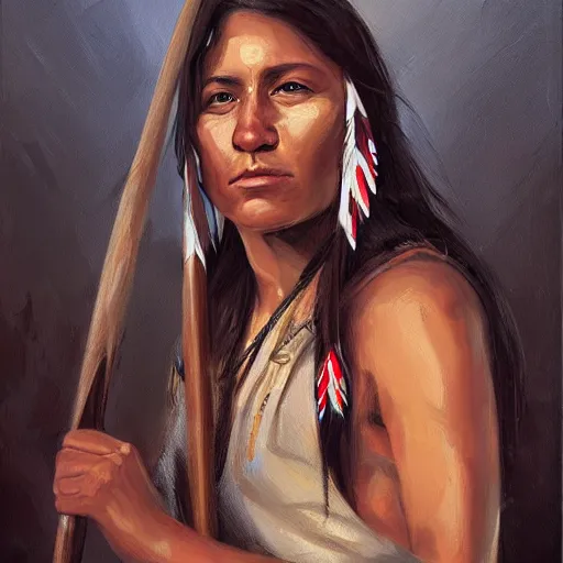Prompt: Portrait painting of a native american female holding a spear, artstation