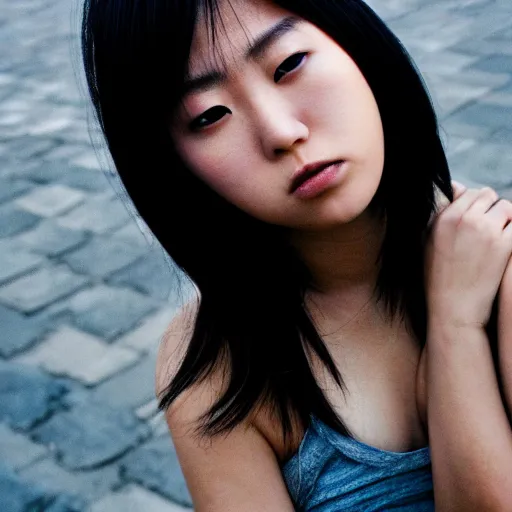 Image similar to beautiful gorgeous curvy Japanese edgy model girl with short hair, she's sad, sunset, 80mm lens, 1.2 aperture, grainy image, close up