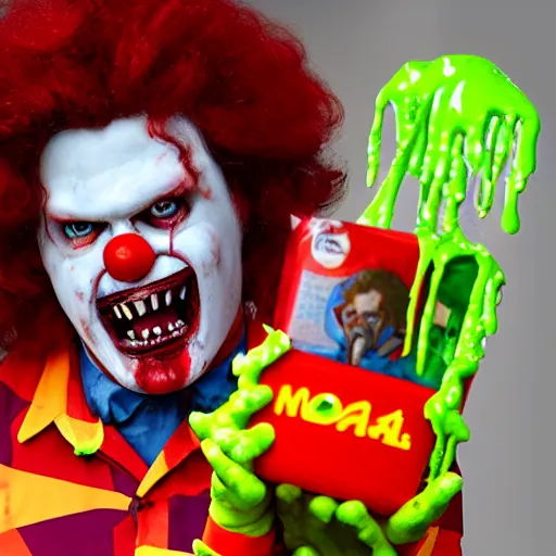 Image similar to color portrait photograph of a zombie Ronald McDonald holding a happy meal covered in slime