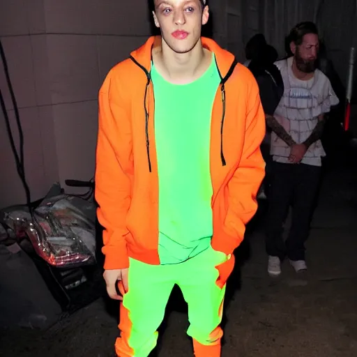 Prompt: pete davidson watching movies in the dark wearing neon clothes