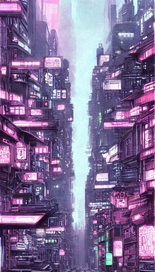 Image similar to blade runner style dystopian mega city street, lower levels with towering buildings reaching up to the clouds, viewed from street level looking up at neon sci - fi signs and lights, matt cook illustrator war artist, syd mead concept art, doug chiang concept drawings, ink drawing, ink illustration, colour ink with dark contrasted shadows, pink green and blue lights