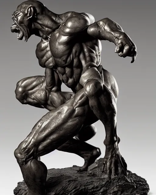 Image similar to a full figure rubber sculpture of crouching Orc, by Michelangelo, in the style of Frank Frazetta, dramatic lighting, rough texture, subsurface scattering, wide angle lens