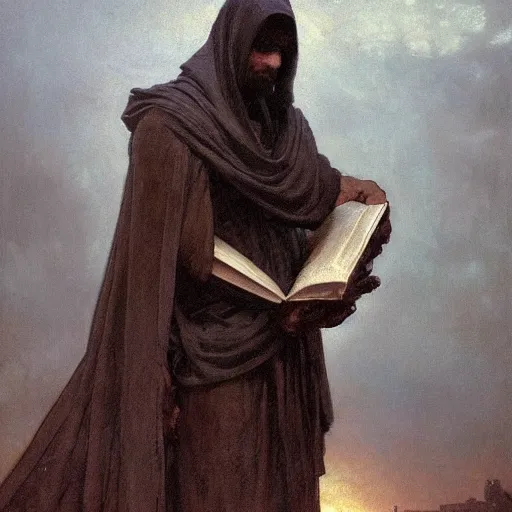 Image similar to half portait of magican wearing a closed cowl holding a big old book! chained!! to his wrist, jeremy mann, jean leon gerome, alphonse mucha, greg rutkowski, hood covers his eyes, ( ( ruins of ancient rome ) ), at dusk, mysterious atmosphere, sunrays, dof, masterpiece, high detailed, 8 k