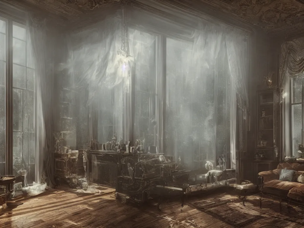 Image similar to richly decorated Victorian house with a moog modular synthesizer, modern, beautiful, detailed wood, photorealistic, photorealism, lightning, clouds, the winter light comes in through a window, volumetric fog