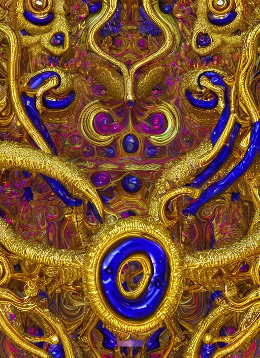 Image similar to a magnificent being with multiple eyes and organic limbs made of colorful crystals light and golden baroque ornaments by alex gray, 3D, 8k resolution