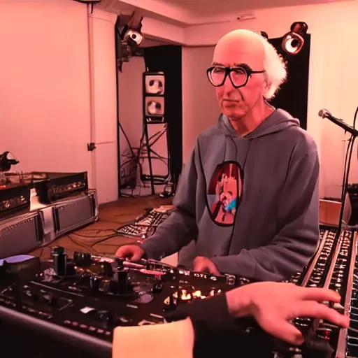 Prompt: Larry David DJing his first Boiler Room set, 1080p, screenshot