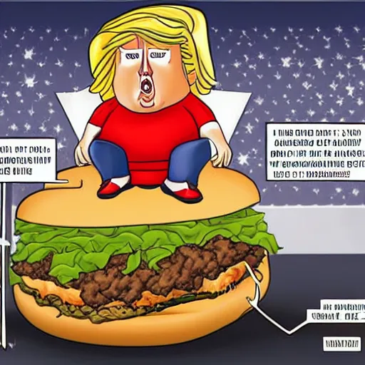 Prompt: Donald trump is gigantic and morbidly obese, he’s sitting on a mountain of cheeseburgers and French fries, hyperrealistic photo, highly detailed award-winning photography