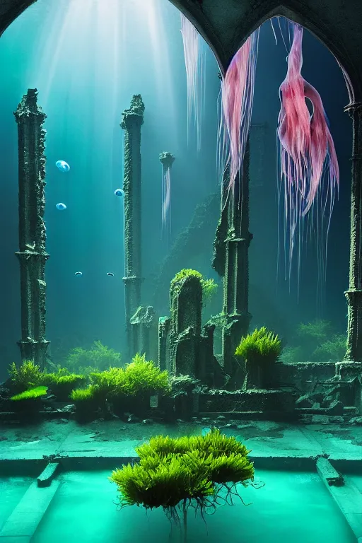 Image similar to high quality photo of cinematic underwater dystopian neo - gothic cathedral ruins with giant luminescent colorful aquatic plants and jellyfish, digital art masterpiece, aykut aydogdu eric zener, dramatic volumetric light, long shot, low angle uhd 8 k, sharp focus