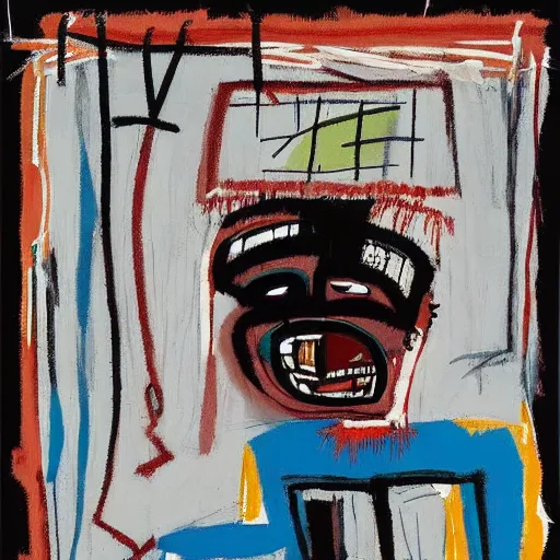 Prompt: Happy Morning. Sunlight is pouring through the window lighting the face of a sleepy young man drinking a cup of coffee. A new day has dawned bringing with it new hopes and aspirations. Detailed and intricate painting by Basquiat, 1981