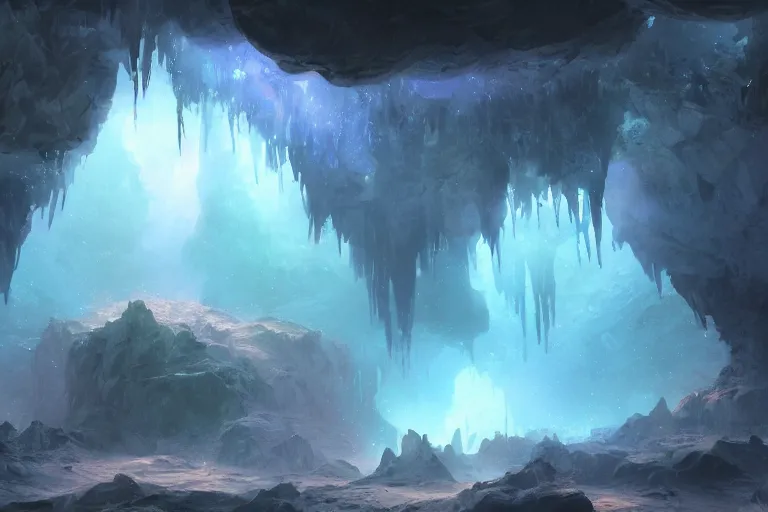 Prompt: a magical cave full of crystals, concept art, artstation, fantasy, mist, volumetric lighting