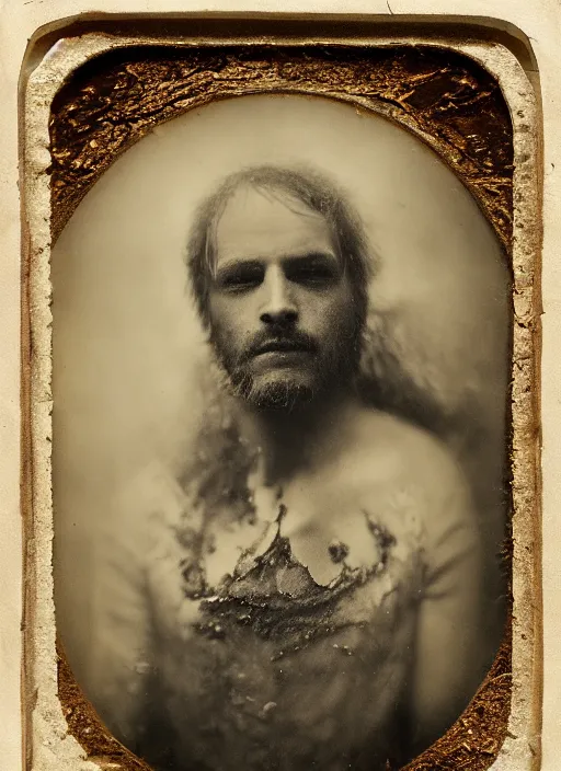 Prompt: old wetplate daguerreotype portrait with crackle skin, explosion of data fragments, fractal, intricate, elegant, highly detailed, parallax, leica, medium format, subsurface scattering, by jheronimus bosch and greg rutkowski and louis jacques mande daguerre