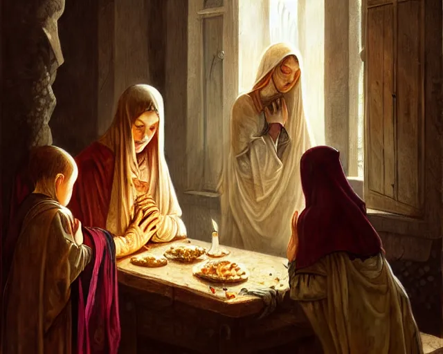 Prompt: poor hungry family praying to a cross, emotional sad painting, very poor, medieval peasants, fantasy, cruel, dramatic lighting, intricate, wild, highly detailed, digital painting, artstation, concept art, smooth, sharp focus, illustration, art by artgerm and greg rutkowski and alphonse mucha