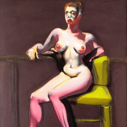 Prompt: artstation a woman seductively posing on a stool, by francis bacon, very detailed, , portrait, high contrast