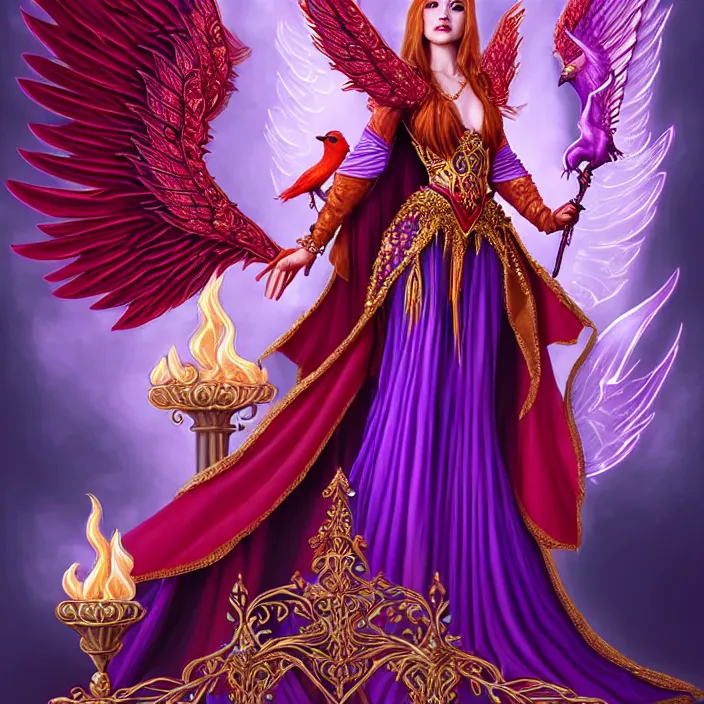 Image similar to Princess sorceress with red flaming bird wings on her back and sitting on an ornate throne dressed in a fancy purple dress, beautiful realistic symmetrical defined face, anatomically correct, Fantasy, Full Portrait, High detail, realistic, planeswalker