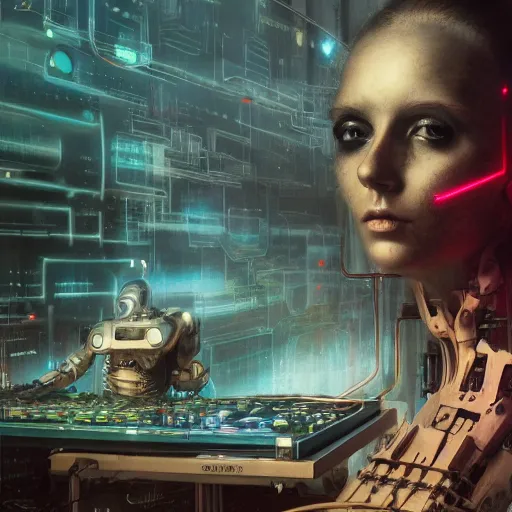 Image similar to robot making modular synth music, art by wagner kuroiwa tristan eaton, stanley artgermm, tom bagshaw, greg rutkowski, carne griffiths, ayami kojima, beksinski, giger, trending on deviantart, photorealistic, vray, hdr, hyper detailed, dramatic lighting, octane render, weta digital, 3 d sculpture