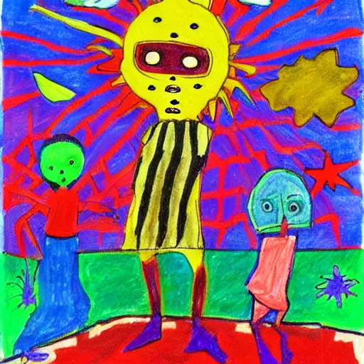 Image similar to abstract children’s drawing of the end of the world., horror,