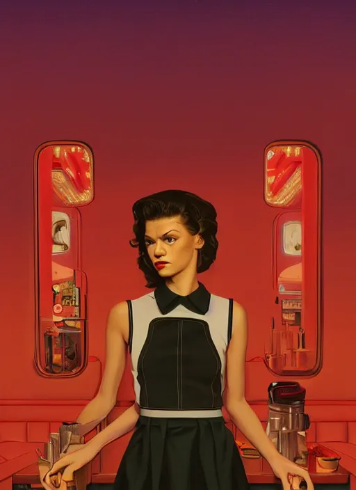 Image similar to poster artwork by Michael Whelan, Bob Larkin and Tomer Hanuka, Karol Bak of Zendaya working at the diner in RR diner waitress dress, from scene from Twin Peaks, simple illustration, domestic, nostalgic, from scene from Twin Peaks, clean