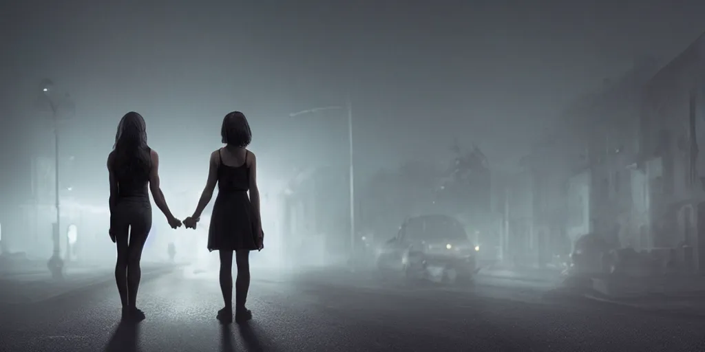 Image similar to A demon and a woman holding hands standing in the middle of the street at night, horror, horror photography, cinematic, cinematic lighting, volumetric lighting, atmospheric, octane render, unreal engine, HD, phot, realistic, photo realistic, hyper realistic, hyper realism, photo by Gregory Crewdson, film by Gregory Crewdson