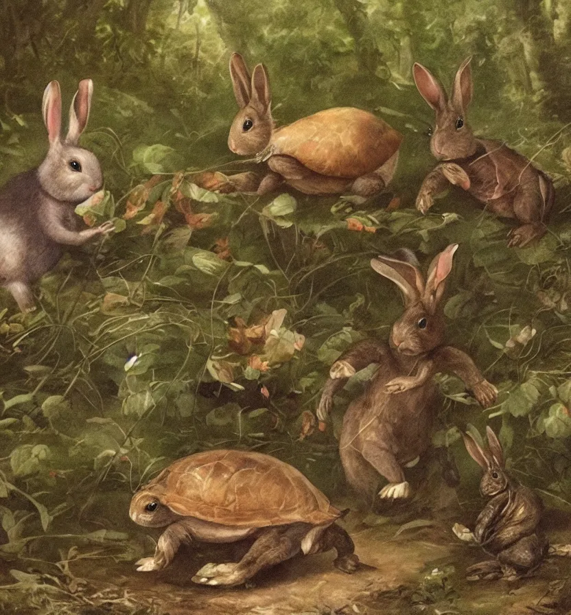 Prompt: a beautiful portrait of a rabbit and a turtle competing athletes running in a forest, beksinskil