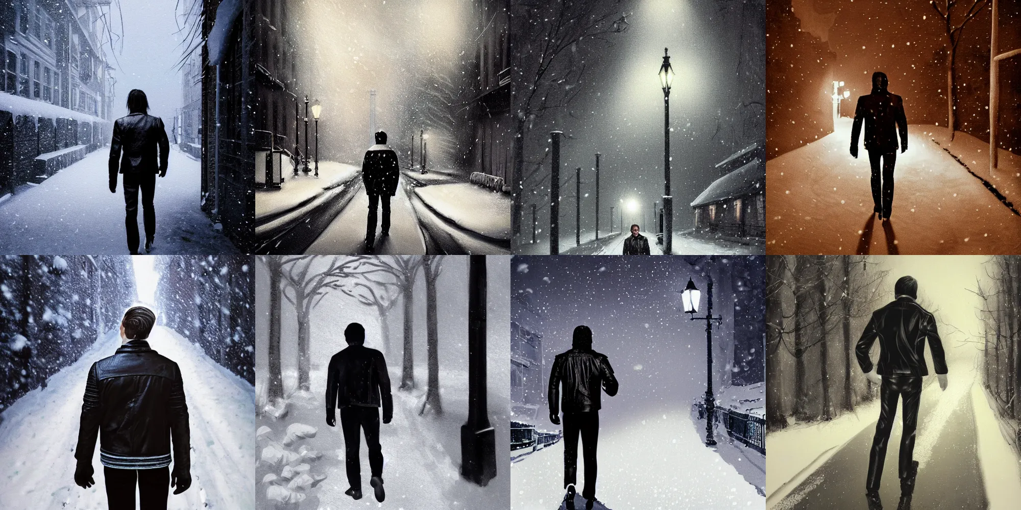 Prompt: photo of snow - covered man from back in pacing to empty narrow alley with street lamps in park with pines to the horizon, dressed in short leather jacket, snowfall at night, 1 9 8 0 s mullet haircut, black hairs, concept art, cinematic, dramatic, painting, digital art, detailed, realistic, igla movie shot, low lighting, 2 4 mm