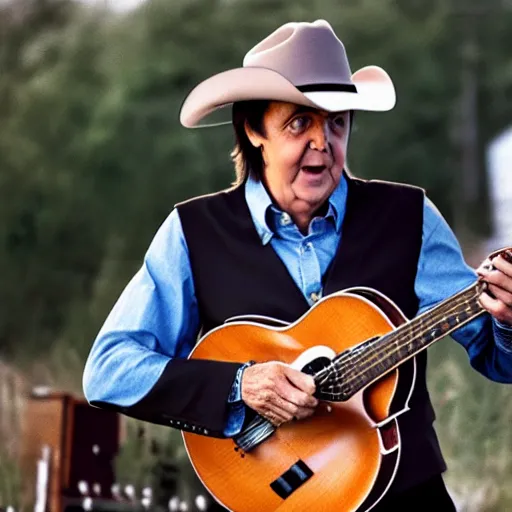 Prompt: Paul McCartney wearing a cowboy hat and playing the banjo! 8k, high definition, highly detailed, photo-realistic